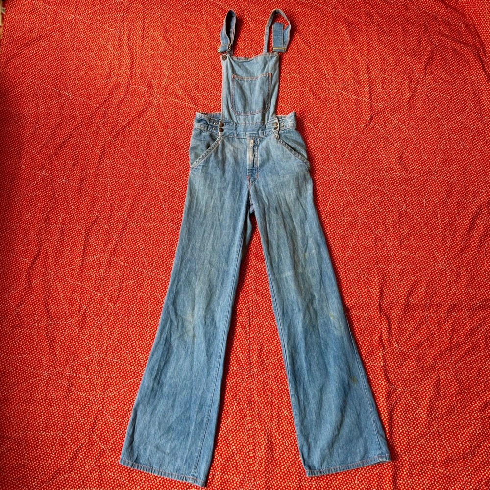Vintage 70s Flare Leg Denim Overalls Light Wash High Waisted Wide Leg Jeans